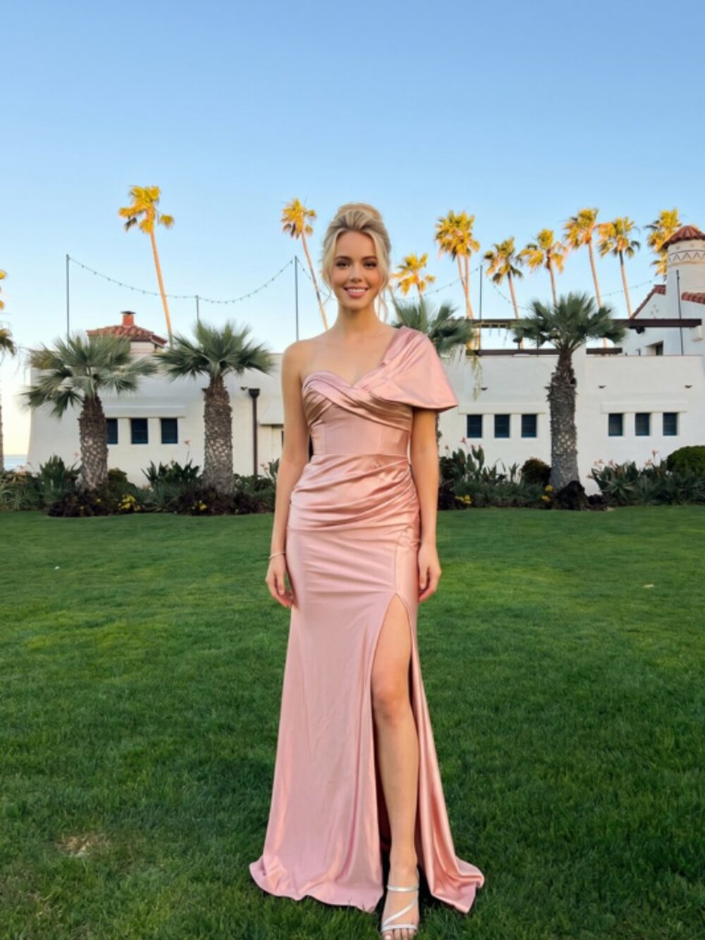 New Rosegold Elegant Formal Dress w/ One Shoulder Drape & Sheath Cut JT2539K